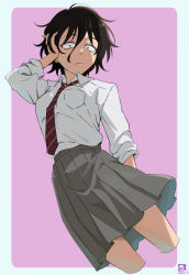 Rule 34 | 1girl, asai akira, black hair, blue background, collared shirt, commentary request, cropped legs, diagonal-striped clothes, diagonal-striped necktie, grey skirt, hand in own hair, hand up, highres, looking at viewer, miyahara takuya, necktie, pink background, pleated skirt, red necktie, school uniform, shirt, skirt, solo, striped clothes, two-tone background, white shirt, wide-eyed, yofukashi no uta