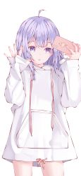 Rule 34 | 1girl, absurdres, ahoge, alternate costume, azur lane, bird, casual, cellphone, chick, commentary request, contemporary, highres, holding, hood, hooded sweater, long hair, long sleeves, looking at viewer, manjuu (azur lane), one eye closed, parted lips, phone, purple eyes, purple hair, simple background, sleeves past wrists, smartphone, solo, sweater, transparent background, unicorn (azur lane), waving, white background, white sweater, zuu (qq770463651)