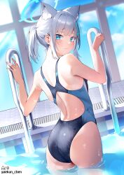 Rule 34 | 1girl, absurdres, aekun cben, animal ears, ass, back, blue archive, blue eyes, blue sky, competition swimsuit, cross hair ornament, ear piercing, from behind, grey hair, hair ornament, halo, highleg, highres, looking back, mismatched pupils, one-piece swimsuit, piercing, pool, pool ladder, shiroko (blue archive), shiroko (swimsuit) (blue archive), side ponytail, sky, solo, swimsuit, wading, water, wet, window, wolf ears