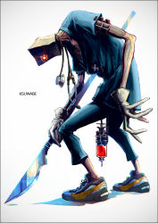 Rule 34 | 1boy, artist name, bag, bag over head, doctor, faust (guilty gear), gloves, glowing, glowing eye, guilty gear, guilty gear strive, holding, holding weapon, k-suwabe, leaning forward, looking at viewer, one-eyed, paper bag, red eyes, scalpel, shoes, simple background, solo, stethoscope, syringe, weapon, white background, white gloves