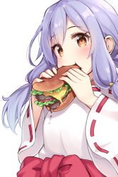 Rule 34 | 1girl, blue hair, blush, bow, brown eyes, burger, commentary request, copyright request, eating, food, highres, holding, holding food, japanese clothes, kimono, long hair, long sleeves, looking at viewer, miko, ominaeshi (takenoko), red bow, ribbon-trimmed sleeves, ribbon trim, simple background, solo, white background, white kimono, wide sleeves