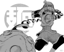 Rule 34 | 1girl, arms (game), beanie, bike shorts, blunt bangs, fujinoki (horonabe-ken), greyscale, hat, knit hat, leggings, mask, megawatt (arms), min min (arms), monochrome, open mouth, parted lips, short hair, shorts, signature, simple background, solo