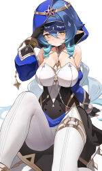 Rule 34 | 1girl, absurdres, bad id, bad pixiv id, bare shoulders, berserker r, black gloves, black skirt, blue hair, blue hood, bracelet, breasts, circlet, claw ring, cleavage, detached sleeves, drill hair, drill sidelocks, genshin impact, gloves, hair between eyes, highres, hood, hood up, jewelry, large breasts, layla (genshin impact), long hair, long sleeves, looking at viewer, low twintails, neck ring, pants, pointy ears, puffy long sleeves, puffy sleeves, sash, sidelocks, skirt, sleep mask, solo, thighlet, thighs, tight clothes, tight pants, twintails, very long hair, white pants, yellow eyes