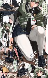 Rule 34 | !, 1boy, 1girl, ?, absurdres, anchovy (girls und panzer), anzio school uniform, baseball cap, belt, black belt, black cape, black footwear, black necktie, black ribbon, black skirt, blush, cape, child, comic, commentary request, dress shirt, drill hair, emblem, frown, girls und panzer, green hair, hair over eyes, hair ribbon, hand on own thigh, hat, highres, isofude, loafers, long hair, long sleeves, miniskirt, necktie, on one knee, open mouth, panties, pantyhose, pantyshot, pleated skirt, red eyes, ribbon, riding crop, school uniform, shirt, shoes, skirt, smile, spoken exclamation mark, spoken question mark, standing, translated, twin drills, twintails, underwear, white pantyhose, white shirt, wing collar, yellow headwear