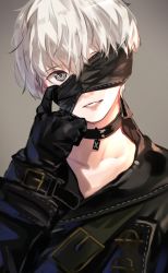 Rule 34 | 1boy, absurdres, black blindfold, black gloves, blindfold, collarbone, gloves, grey eyes, grey hair, highres, male focus, nier (series), nier:automata, oone0206, parted lips, simple background, smile, solo, upper body, 9s (nier:automata)