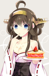 Rule 34 | 10s, 1girl, ahoge, bad id, bad pixiv id, blue eyes, breasts, brown hair, cleavage, double bun, food, food on body, fruit, hairband, highres, japanese clothes, kantai collection, kongou (kancolle), long hair, medium breasts, myuton, nontraditional miko, pie, ribbon-trimmed sleeves, ribbon trim, solo, strawberry