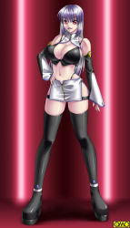 Rule 34 | 1girl, bare shoulders, bikini, bikini top only, black bikini, black thighhighs, boots, breasts, cleavage, detached collar, detached sleeves, fingernails, full body, gradient hair, hand on own hip, highleg, highleg panties, kagami hirotaka, large breasts, legs apart, light smile, lights, lipstick, long fingernails, long hair, long sleeves, looking at viewer, makeup, metis sthenno, microskirt, midriff, multicolored hair, navel, omc, panties, platform footwear, psycho masters, purple hair, purple lips, red background, red eyes, shadow, side slit, silver hair, skirt, sleeves past wrists, smile, solo, standing, swimsuit, thigh boots, thigh strap, thighhighs, turtleneck, underwear, wide hips, zipper