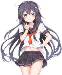 Rule 34 | 1girl, akatsuki (kancolle), anchor symbol, black skirt, blue eyes, blush, cowboy shot, hand on own hip, kantai collection, long hair, looking at viewer, miniskirt, navel, neckerchief, pleated skirt, purple hair, red neckerchief, shimo (shimo 00), shiny skin, short sleeves, sidelocks, simple background, skirt, solo, standing, straight hair, thighs, v, very long hair, white background