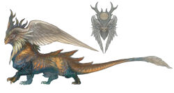 Rule 34 | black horns, concept art, feathered wings, final fantasy, final fantasy xiv, from side, full body, fur-tipped tail, head wings, horns, monster, nagamine hiroyuki, no humans, official art, orange eyes, profile, ra-la (ff14), scales, simple background, tail, third-party source, white background, wings