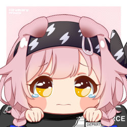 Rule 34 | 1girl, animal ears, arknights, bag, black hairband, blue bow, blush stickers, bow, braid, cat ears, chibi, closed mouth, commentary, diagonal stripes, duffel bag, english commentary, fpsmoe, goldenglow (arknights), hair bow, hairband, hands up, lightning bolt print, long hair, looking at viewer, pink hair, print hairband, recruitment bag (arknights), solo, striped, striped background, tears, twin braids, wavy mouth, yellow eyes