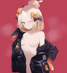 Rule 34 | 1girl, abigail williams (fate), abigail williams (traveling outfit) (fate), bandaid, bandaid on face, bandaid on forehead, belt, black bow, black jacket, blonde hair, blue eyes, blush, bow, breasts, crossed bandaids, fate/grand order, fate (series), forehead, hair bow, hair bun, haramaki (haranomaki), heroic spirit traveling outfit, high collar, highres, jacket, long hair, long sleeves, multiple bows, navel, nipples, off shoulder, official alternate costume, one eye closed, open mouth, orange belt, orange bow, parted bangs, polka dot, polka dot bow, red background, simple background, single hair bun, small breasts, solo, sweat