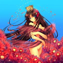Rule 34 | 1girl, aqua eyes, blue eyes, bottomless, brown hair, covering privates, crown, flower, hime cut, long hair, nude cover, original, parted lips, petals, signomi, solo, very long hair