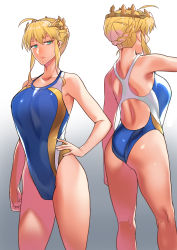 Rule 34 | 1girl, artoria pendragon (fate), artoria pendragon (lancer) (fate), ass, back, bare shoulders, blonde hair, blue one-piece swimsuit, braid, breasts, collarbone, commission, competition swimsuit, crown, fate/grand order, fate (series), french braid, green eyes, hair between eyes, hamushima, highleg, highleg swimsuit, large breasts, long hair, looking at viewer, multiple views, one-piece swimsuit, pixiv commission, sidelocks, swimsuit, thighs