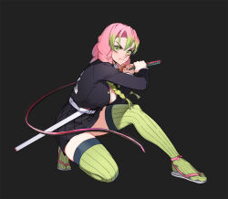 Rule 34 | 1girl, belt, black background, black jacket, black skirt, breasts, closed mouth, commentary, full body, gradient hair, green eyes, green hair, high-waist skirt, high collar, holding, holding sword, holding weapon, jacket, jason kim, kanroji mitsuri, kimetsu no yaiba, korean commentary, large breasts, long hair, long sleeves, looking at viewer, miniskirt, mole, mole under eye, multicolored hair, on one knee, open clothes, open jacket, pink hair, pleated skirt, sandals, sheath, simple background, skirt, solo, sword, thighhighs, thighs, tri braids, v-shaped eyebrows, weapon, white belt