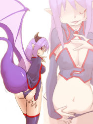 Rule 34 | :p, alma elma, ass, belly, camel (dansen), cloak, demon girl, demon wings, facial tattoo, horns, long tail, mon-musu quest!, monster girl, navel, pointy ears, purple hair, red eyes, simple background, single horn, tail, tail vore, tattoo, thighhighs, tongue, tongue out, vore, white background, wings