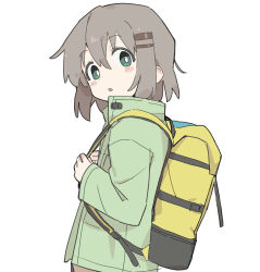 Rule 34 | 1girl, :o, backpack, bag, blush stickers, bright pupils, cowboy shot, from side, fusazakura, green eyes, green jacket, grey hair, hair ornament, hairclip, highres, holding strap, jacket, looking at viewer, looking to the side, open mouth, raised eyebrows, short hair, simple background, solo, white background, white pupils, yama no susume, yellow bag, yukimura aoi
