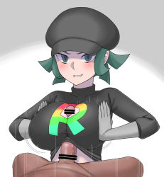 Rule 34 | 1boy, 1girl, bar censor, blush, bouncing breasts, breast hold, breasts, breasts squeezed together, censored, cleavage cutout, clothes lift, clothing cutout, creatures (company), dark-skinned male, dark skin, ekz (robotekz), game freak, gloves, green eyes, green hair, grey background, grey gloves, hat, hetero, highres, impossible clothes, impossible shirt, large breasts, long sleeves, motion lines, nintendo, paizuri, paizuri under clothes, penis, pokemon, pokemon usum, shirt, shirt lift, short hair, solo focus, team rainbow rocket grunt, team rainbow rocket uniform, veins, veiny penis, white background