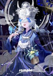 Rule 34 | 1girl, :d, baipibu haishi kaomianbao, balloon party, blue butterfly, braid, bug, butterfly, changmingsuo, covered eyes, flower, hand up, hat, highres, hmong, holding, insect, jewelry, long hair, long sleeves, miao clothes, miao hat, necklace, official alternate costume, open mouth, reverse:1999, smile, solo, tassel, twin braids, twintails, very long hair, white hair, wide sleeves