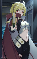 Rule 34 | 1girl, absurdres, black pants, blonde hair, book, breasts, brown cape, cape, citrinne (fire emblem), commentary request, cowboy shot, earrings, fire emblem, fire emblem engage, high collar, highres, holding, holding book, hoop earrings, indoors, jewelry, large breasts, leggings, looking at viewer, midriff, namu (112namu), navel, nintendo, pants, red eyes, short hair, solo, standing, stomach, thighs, wing hair ornament