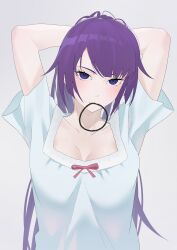 Rule 34 | 1girl, arms behind head, arms up, arril100, bakemonogatari, blue eyes, blue shirt, blush, bow, breasts, cleavage, closed mouth, collarbone, grey background, highres, long hair, looking at viewer, medium breasts, monogatari (series), mouth hold, parted bangs, pink bow, purple hair, senjougahara hitagi, shirt, short sleeves, sidelocks, simple background, solo, swept bangs, tying hair, upper body