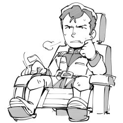 Rule 34 | 1boy, angry, belt, bodysuit, bright noa, buckle, chair, clenched teeth, fingernails, full body, greyscale, gundam, hounori, long sleeves, male focus, military, military uniform, monochrome, motion lines, parted lips, simple background, sitting, solo, sweat, teeth, uniform, white background