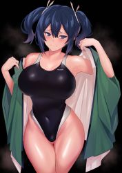 Rule 34 | 1girl, absurdres, bare shoulders, black background, black one-piece swimsuit, blue eyes, blue hair, blush, breasts, cleavage, closed mouth, collarbone, commentary request, competition swimsuit, covered navel, cowboy shot, green kimono, groin, hair between eyes, hair ribbon, halterneck, highleg, highleg swimsuit, highres, japanese clothes, kantai collection, kimono, large breasts, looking at viewer, navel, off shoulder, one-piece swimsuit, open clothes, ribbon, simple background, solo, souryuu (kancolle), standing, swimsuit, swimsuit under clothes, thigh gap, thighs, twintails, ulrich (tagaragakuin), undressing, white background, white ribbon
