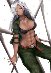 Rule 34 | 1girl, abs, absurdres, against fence, belt, bikini, bikini top only, black bikini, breasts, brown eyes, cleavage, commentary request, dark-skinned female, dark skin, day, dog tags, elbow pads, fence, forehead, green pants, green shirt, highres, long hair, looking at viewer, miha-g, military, military uniform, muscular, muscular female, navel, open clothes, open shirt, pants, red belt, sega, shirt, silver hair, simple background, solo, standing, studded belt, swimsuit, uniform, vanessa lewis, very dark skin, virtua fighter, virtua fighter 5, virtua fighter 5: final showdown