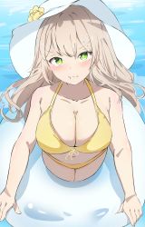 Rule 34 | 1girl, bikini, blue archive, breasts, brown hair, closed mouth, collarbone, green eyes, hat, highres, large breasts, long hair, looking at viewer, navel, nonomi (blue archive), nonomi (swimsuit) (blue archive), pout, runep, solo, swimsuit, white hat, yellow bikini