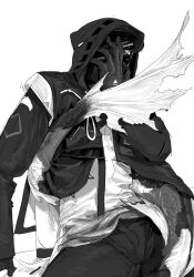 Rule 34 | 1boy, 3000zialg, arknights, chinese commentary, coat, commentary request, doctor (arknights), eyes in shadow, fins, fish tail, gloves, greyscale, hand on own face, highres, hood, hood up, hooded coat, lee (arknights), long sleeves, looking at viewer, male doctor (arknights), male focus, mask, monochrome, open clothes, open coat, out of frame, pants, shirt, simple background, sitting, tail, tail wrap, upper body, white background