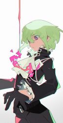 Rule 34 | belt, biker clothes, black gloves, black jacket, closed mouth, ascot, fire, gloves, green hair, half gloves, highres, jacket, lio fotia, male focus, multiple belts, promare, purple eyes, sowichi, white background