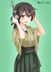 Rule 34 | 1girl, anti (untea9), black hair, brown eyes, commentary request, cowboy shot, folded ponytail, gradient background, green background, green hakama, green kimono, green ribbon, hair ribbon, hakama, hakama short skirt, hakama skirt, headphones, highres, japanese clothes, kantai collection, kasuga maru (kancolle), kimono, long hair, looking at viewer, open mouth, ribbon, skirt, smile, solo, swept bangs, taiyou (kancolle), twitter username