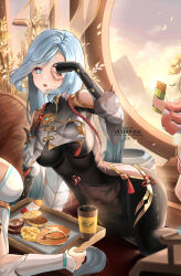 2girls black_bodysuit black_bridal_gauntlets blue_eyes blue_hair blush bodysuit breast_curtain breasts bridal_gauntlets clothing_cutout coffee commentary covered_navel english_commentary food genshin_impact highres hip_vent holding holding_tray large_breasts long_hair looking_at_viewer low-braided_long_hair low-tied_long_hair lumine_(genshin_impact) mcdonald&#039;s morning multiple_girls open_mouth pancake rubbing_eyes shenhe_(genshin_impact) shoulder_cutout silverpixia solo_focus tray very_long_hair waking_up