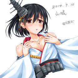Rule 34 | 10s, 1girl, :o, artist name, bare shoulders, blush, breasts, character name, cleavage, dated, headgear, highres, kantai collection, large breasts, looking at viewer, moeki yuuta, nontraditional miko, red eyes, short hair, solo, tears, translation request, white background, yamashiro (kancolle), yujin-yujin