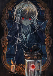 Rule 34 | 1boy, absurdres, black jacket, blonde hair, broken mirror, candle, chain, collared shirt, eyeball, formal, highres, hunter x hunter, jacket, jewelry, kurapika, long sleeves, looking at viewer, mirror, multiple rings, parted lips, red eyes, ring, sabamiso taro, shirt, solo, suit, suit jacket, upper body, white shirt