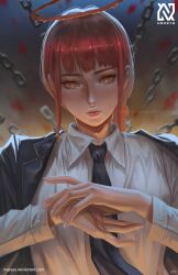 Rule 34 | 1girl, absurdres, artist logo, artist name, black jacket, black necktie, braid, braided ponytail, chain, chainsaw man, collared shirt, formal, halo, highres, jacket, jacket on shoulders, looking at viewer, makima (chainsaw man), medium hair, necktie, nopeys, red hair, red halo, ringed eyes, shirt, shirt tucked in, solo, suit, suit jacket, watermark, web address, white shirt, yellow eyes