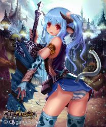 Rule 34 | 10s, 1girl, animal ears, ass, blue hair, cow ears, dagger, harada isuka, horns, knife, panties, red eyes, shingeki no bahamut, solo, striped clothes, striped panties, sword, tail, twintails, underwear, weapon