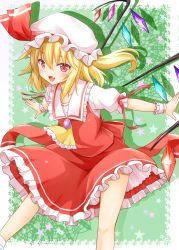 Rule 34 | ascot, blonde hair, blush, brooch, flandre scarlet, frilled skirt, frills, fujishima shinnosuke, hat, hat ribbon, highres, jewelry, looking at viewer, mob cap, open mouth, outstretched arms, puffy short sleeves, puffy sleeves, red eyes, red ribbon, red skirt, ribbon, short sleeves, skirt, skirt set, smile, solo, star (symbol), touhou, vest, wings, wrist cuffs