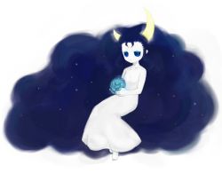 Rule 34 | 1girl, barefoot, blue hair, blue rose, collarbone, dress, flower, full body, holding, horns, long hair, looking at viewer, luna (yume nisshi), night, night sky, rose, sky, solo, star (sky), tsukushi (toxicdoll), very long hair, white dress, yume nisshi