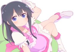 Rule 34 | 1girl, absurdres, arm up, black hair, blue eyes, blush, boots, bow, child, closed mouth, commentary request, cushion, dress, gloves, hair between eyes, hatafuta, highres, long hair, looking at viewer, magical girl, pink bow, pink dress, ponytail, puffy short sleeves, puffy sleeves, shirosaki hana, shirt, short sleeves, simple background, sitting, sleeveless, sleeveless dress, solo, very long hair, watashi ni tenshi ga maiorita!, white background, white footwear, white gloves, white shirt