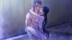 Rule 34 | 1girl, ass, ass grab, black hair, blonde hair, blush, breast press, breasts, character request, closed eyes, game cg, indoors, kiss, large breasts, legs, long hair, nude, otome game, pale skin, parted lips, partially submerged, ranpumi, saliva, sex, standing, steam, sweat, tears, thighs, vaginal, water, yoshiwara higanbana