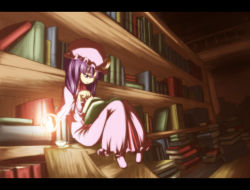 Rule 34 | 1girl, asakura masatoki, book, dress, female focus, hat, indoors, letterboxed, library, open book, patchouli knowledge, purple eyes, purple hair, reading, solo, touhou, voile