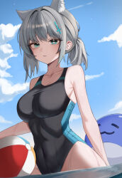 Rule 34 | 1girl, absurdres, animal ear fluff, animal ears, ball, beachball, black one-piece swimsuit, blue archive, blue eyes, blue sky, breasts, cloud, competition swimsuit, covered navel, cross hair ornament, day, extra ears, glg, grey hair, hair ornament, halo, highleg, highleg swimsuit, highres, low ponytail, medium breasts, medium hair, mismatched pupils, multicolored clothes, multicolored swimsuit, official alternate costume, one-piece swimsuit, outdoors, shiroko (blue archive), shiroko (swimsuit) (blue archive), sky, solo, swimsuit, wolf ears