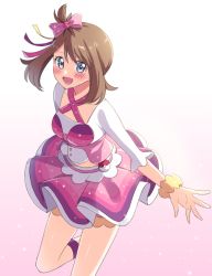 Rule 34 | 1girl, :d, blush, bow, bracelet, brown hair, commentary request, creatures (company), earrings, eyelashes, game freak, gradient background, grey eyes, hair bow, happy, jewelry, leg up, lower teeth only, may (pokemon), nintendo, open mouth, pink bow, pokemon, pokemon oras, scbstella, shirt, shorts, shorts under skirt, skirt, sleeves past elbows, smile, solo, teeth, tongue, white shirt