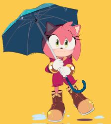 Rule 34 | 1girl, amy rose, blush, boots, brown footwear, coat, furry, furry female, gloves, green eyes, highres, holding, holding umbrella, looking at viewer, pink coat, puddle, simple background, solo, sonic (series), steffybs, umbrella, white gloves, yellow background