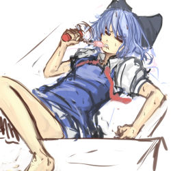 Rule 34 | 1girl, bare legs, barefoot, blue hair, cirno, dress, electric fan, closed eyes, fanning face, flat chest, food, highres, hot, panties (pantsu-pirate), popsicle, short hair, solo, sweat, touhou