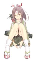 Rule 34 | 10s, 1girl, aircraft, airplane, brown eyes, brown hair, clog sandals, headband, highres, japanese clothes, kantai collection, knees together feet apart, looking at viewer, ponytail, sandals, sitting, socks, solo, wa (genryusui), white background, white socks, zouri, zuihou (kancolle)
