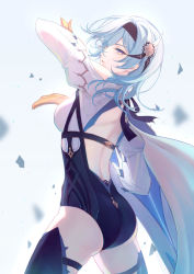 Rule 34 | 1girl, absurdres, aqua hair, ass, backless leotard, backless outfit, black hairband, blue cape, blue hair, bodystocking, boots, breasts, cape, clothing cutout, eula (genshin impact), genshin impact, hair ornament, hairband, high-waist shorts, highres, holding, holding sword, holding weapon, leotard, long sleeves, mugiko mz, shorts, shoulder cutout, solo, sword, thigh boots, thigh strap, thighhighs, weapon