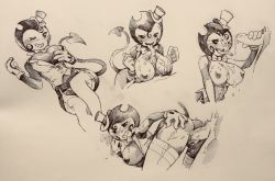 Rule 34 | 1boy, 1girl, bendy, bendy and the ink machine, blush, breasts, clothed sex, cum, cum in pussy, cum on body, cum on breasts, cum on upper body, demon girl, facial, gender request, genderswap, gloves, hat, hetero, monochrome, nipples, oral, paizuri, penis, sex, tail, thighhighs, top hat, twistedterra, uncensored, wink