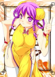 Rule 34 | 1girl, braid, breasts, bun cover, china dress, chinese clothes, double bun, dress, hair rings, hand on own hip, hanging breasts, highres, hip focus, jpeg artifacts, kinoshita ichi, leaning forward, original, panties, pointing, purple eyes, purple hair, side-tie panties, side slit, smile, solo, thighhighs, twin braids, underwear