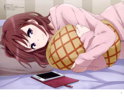 Rule 34 | 1girl, absurdres, bed sheet, blush, body blush, brown hair, cellphone, head on pillow, highres, hood, hoodie, indoors, just because!, looking at viewer, lying, megami deluxe, nail polish, natsume mio, hugging object, official art, on bed, on side, page number, pajamas, pants, phone, pillow, pink nails, pink pants, pink shirt, purple eyes, shirt, smartphone, smartphone case, smile, solo, takahashi mizuka